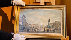 Akvarelová kresba hradeckého Velkého nám�stí od Vincence Morstadta z roku 1863