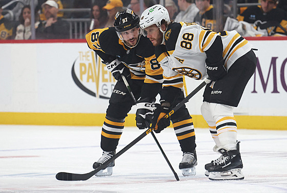 Sidney Crosby z Pittsburgh Penguins a David Pastr�ák z Boston Bruins �ekají na...
