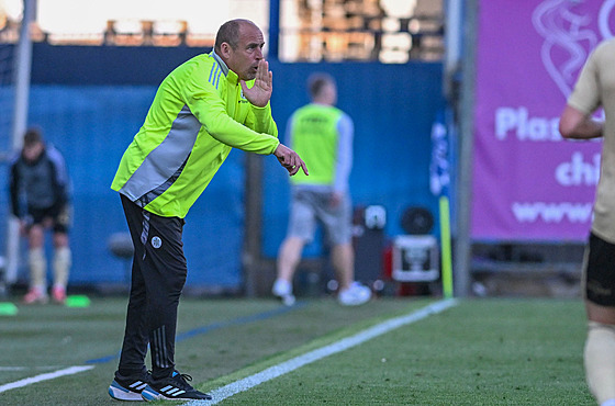 Budjovický trenér Jií Lerch udílí hrám pokyny v zápase s Olomoucí.