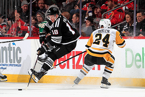 Ond�ej Palát (vlevo) z New Jersey se sna�í udr�et stabilitu v souboji v Mattem...