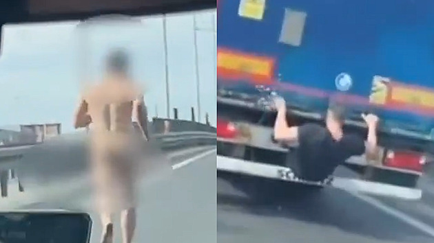 VIDEO: Zdrogovaný Bělorus běhal nahý po polské dálnici, vozil se na kamionu