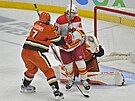 Radko Gudas z Anaheim Ducks talí od brankovit Kevina Rooneyho z Calgary...