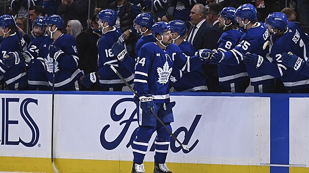 Auston Matthews slav� se st��da�kou Toronta g�l do s�t� Detroitu.