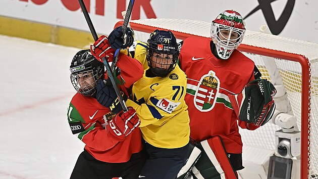 �v�dsk� kapit�nka Anna Kjellbinov� bojuje p�ed ma�arskou brankou.