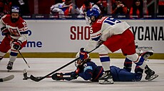 �eská hokejistka Andrea Trnková (vpravo) v utkání proti USA.