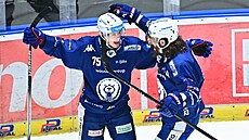 Arttu Ilomäki a Peter Mueller z Brna oslavují vyrovnávající gól.