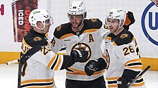 Elias Lindholm, David Pastrák a Henri Jokiharju z Boston Bruins slaví gól...