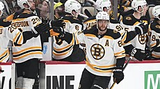 David Pastrák z Boston Bruins slaví v zápase proti Pittsburgh Penguins.