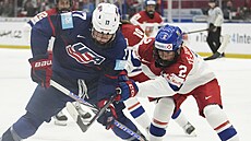 Aneta Tejralová (vpravo) se sna�í získat puk v souboji s Brittou Curlovou z USA.