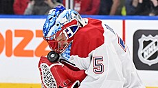 Branká� Montrealu Jakub Dobe� zasahuje b�hem utkání proti Torontu.