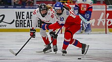 Souboj o puk v utkání mistrovství sv�ta mezi domácím �eskem a Kanadou.