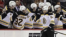 Jakub Lauko (94) slaví gól se spoluhrá�i z Boston Bruins.