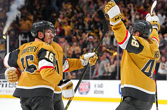 Tomá� Hertl z Vegas Golden Knights (vpravo) slaví se spoluhrá�i gól proti...