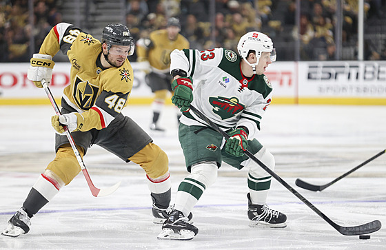 Tomá� Hertl z Vegas Golden Knights stíhá Marca Rossiho z Minnesota Wild.