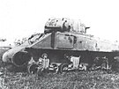 Tank Sherman M4A1 americk vroby znien 23. dubna 1945 na poli u Otnic na...