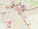Mapa uzavrky a objzdnch tras, jak ji zveejnil pelhimovsk mstsk ad.
