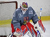 Branká� Karel Vejmelka na tréninku hokejové reprezentace p�ed �eskými hrami v...