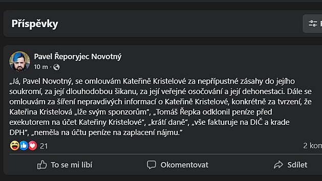 Pavel Novotn� se omluvil Kate�in� Kristelov� za �ikanu na soci�ln�ch s�t�ch. (23. dubna 2025)