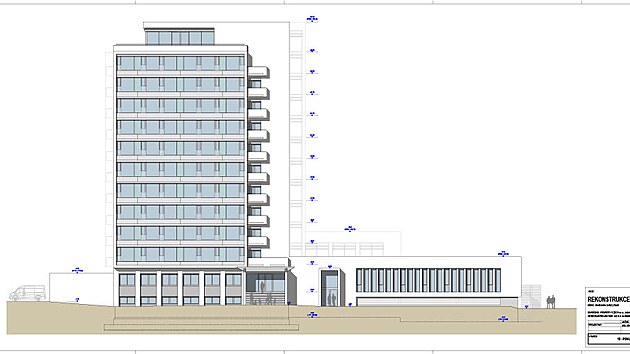 Nvrh studie pestavby bvalho hotelu koda, pohled z vchodn strany.