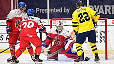 Momentka z utkání MS hrá�� do 18 let mezi �eskem a �védskem.