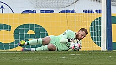 Branká Jindich Stank ze Slavie zasahuje v zápase s Olomoucí.