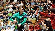 Karvinský Pavel Bajer st�ílí vedle lovosického branká�e Antonína Barto�íka.