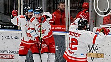 Hokejisté Olomouce se radují z gólu v bará�i proti Jihlav�