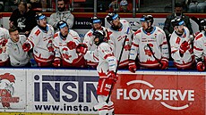 Hokejisté Olomouce se radují z gólu ve tvrtém baráovém utkání proti Jihlav