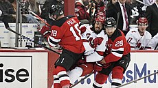 Ondej Palát (vlevo) a Timo Meier z New Jersey Devils sráejí Jalena Chatfielda...
