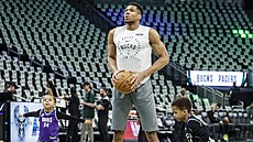 Janis Adetokunbo z Milwaukee Bucks se chystá na zápas s pomocí syn, vlevo...