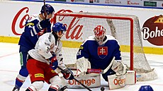 �eský reprezentant Pavel Kousal (v bílém) a Dávid Mudrák sledují puk, který...