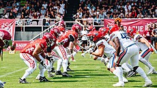 Hrái amerického fotbalu Prague Lions (vlevo, v erveném) bhem jednoho ze...