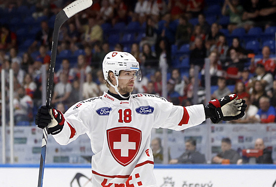 výcarský obránce Sven Jung slaví gól proti Finsku.