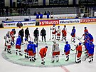 etí hokejisté na stedu ledu v Herningu poslouchají trenéra Radima Rulíka.