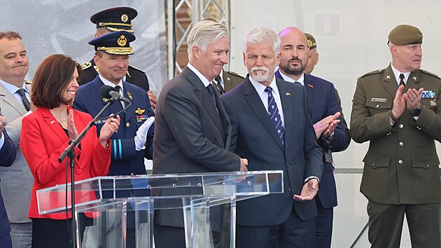 Pietnho aktu u pamtnku Dky, Ameriko! v Plzni se astnil prezident Petr Pavel a belgick krl Philippe. (6. kvtna 2025)
