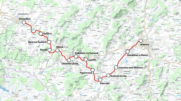 Mapa trati 185 mezi Doma�licemi a Klatovy