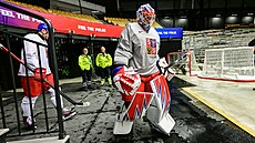 Branká Karel Vejmelka pichází na rozbruslení ped utkáním se výcary.