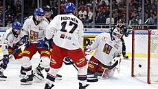 Finský hokejista Lenni Hameenaho se prosazuje v zápase s �eskem, p�ekonaným je...