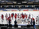 Trenéi vysvtlují hokejistm cviení na tréninku v Herningu.