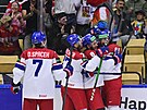 etí hokejisté se radují z prvního gólu proti Kazachstánu.
