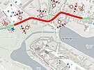 Mapa uzavírky, jak ji zveejnilo SD. Opravovat se bude erven oznaený prtah...