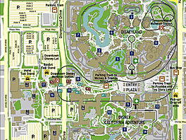 Mapa californského Disneylandu. Trasa monorailu je vyznaena tmaví edou,...