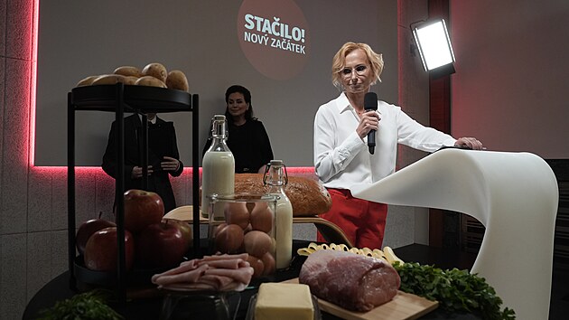 Kateina Konen na tiskov konferenci k pedstaven volebnho programu hnut Stailo! pro podzimn parlamentn volby. (13. kvtna 2025)