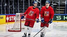 Útoníci Ondej Beránek a Martin Neas pi rozbruslení ped utkáním s Norskem.