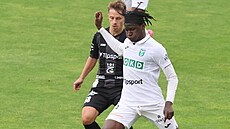 Karvinský obránce Aboubacar Traore hraje mí ped Adamem Vlkanovou z Hradce...