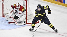 védský útoník Elias Lindholm s pukem ped brankáem Davidem Kickertem z...