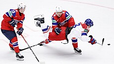 Útoník Filip Zadina padá v souboji s Johannesem Johannesenem z Norska.