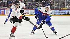 Slovák Patrik Koch sleduje st�elu Travise Konecného  z Kanady.