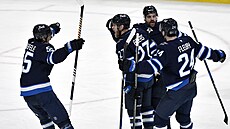 Hokejisté Winnipegu se radují ze vst�eleného gólu proti Dallasu.
