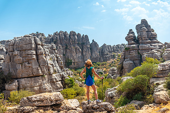 A back view of a woman standing on the rock and looking at the landscape of...